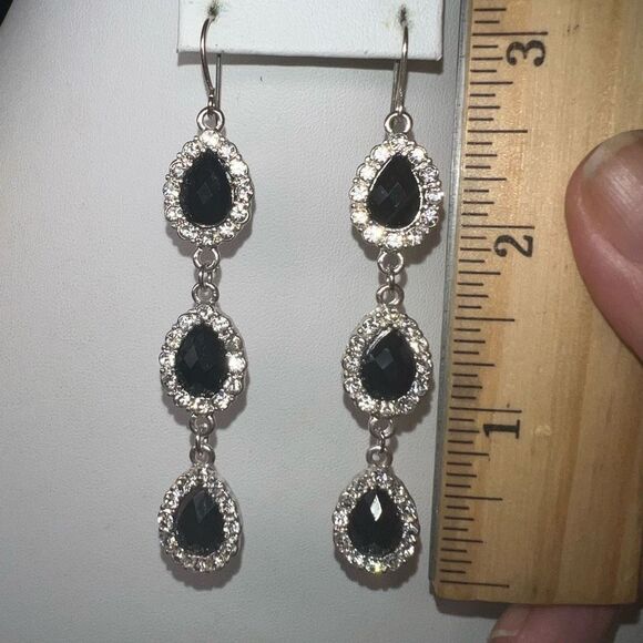 Silver Tone Black Crystal Pear Halo Dangle Earrings - Picture 4 of 7